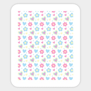 Retro Flowers and Hearts Pattern in Pink, Yellow, Light Blue Sticker